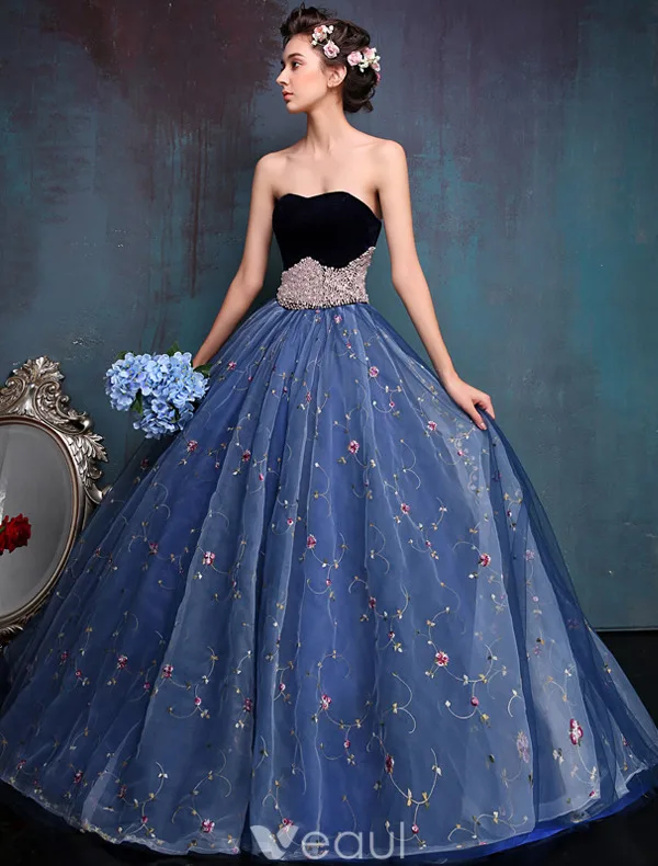 Elegant Ballkjoler 2016 Kjæreste Beaded Perle Skjerf Brodert Blå Organza Ballkjole