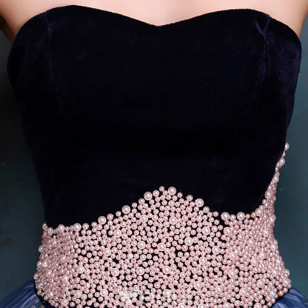 Elegant Ballkjoler 2016 Kjæreste Beaded Perle Skjerf Brodert Blå Organza Ballkjole