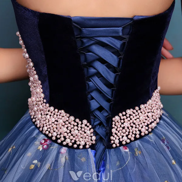 Elegant Ballkjoler 2016 Kjæreste Beaded Perle Skjerf Brodert Blå Organza Ballkjole