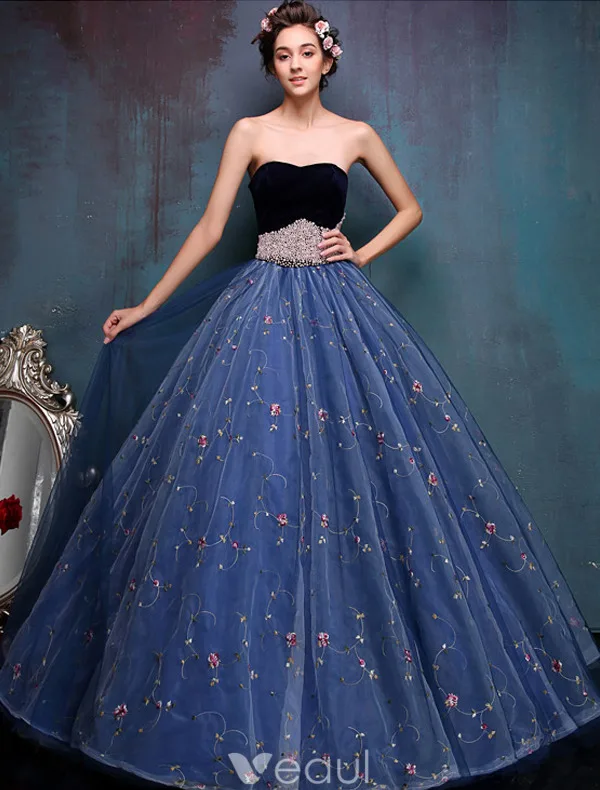 Elegant Ballkjoler 2016 Kjæreste Beaded Perle Skjerf Brodert Blå Organza Ballkjole