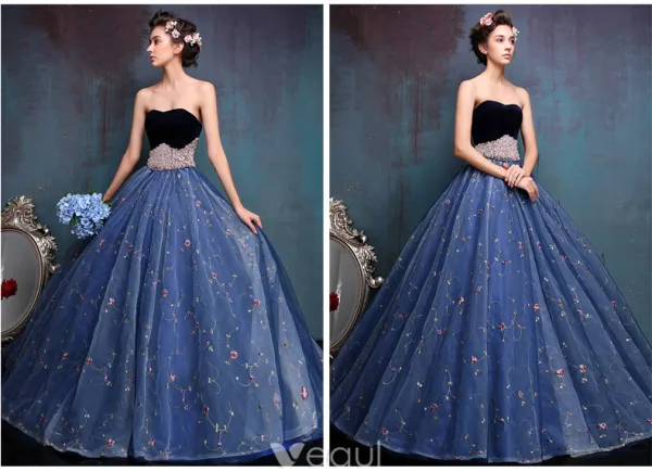 Elegant Ballkjoler 2016 Kjæreste Beaded Perle Skjerf Brodert Blå Organza Ballkjole
