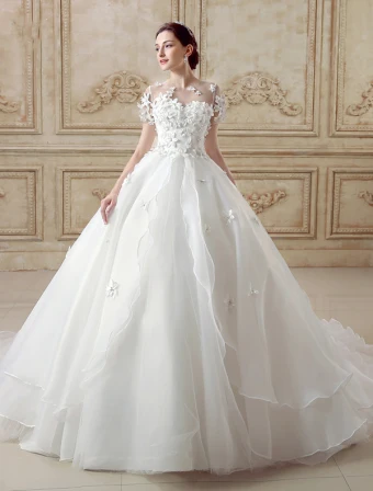 Elegante Trouwjurk 2016 Korte Mouwen Ruglooze Handgemaakte Bloemen Bruidsjurk