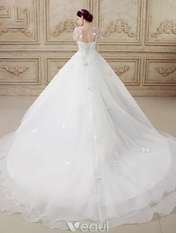 Elegant Ball Gown Wedding Dress 2016 Short Sleeves Backless Handmade Flowers