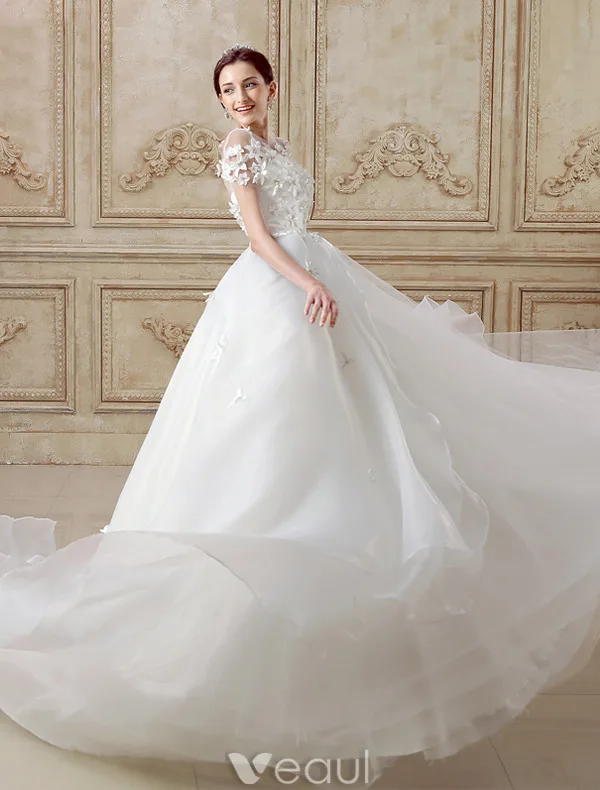 Elegant Ball Gown Wedding Dress 2016 Short Sleeves Backless Handmade Flowers