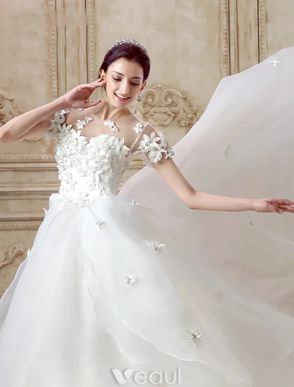 Elegant Ball Gown Wedding Dress 2016 Short Sleeves Backless Handmade Flowers