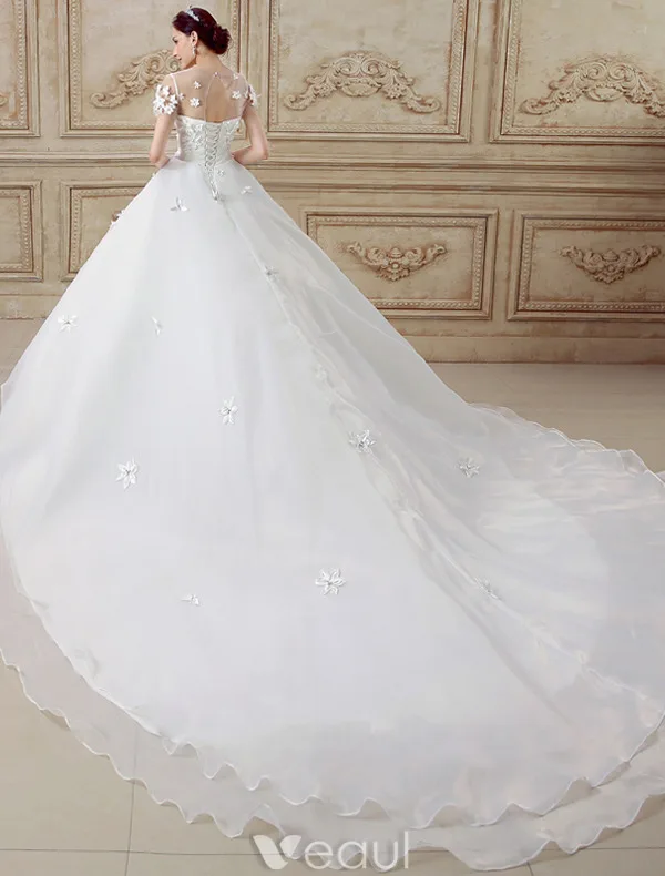Elegant Ball Gown Wedding Dress 2016 Short Sleeves Backless Handmade Flowers