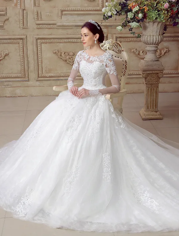 Wunderschönen Hochzeitskleider 2016 A-linie Spitzen Rückenfreies Tüll Brautkleid Mit Langen Ärmeln