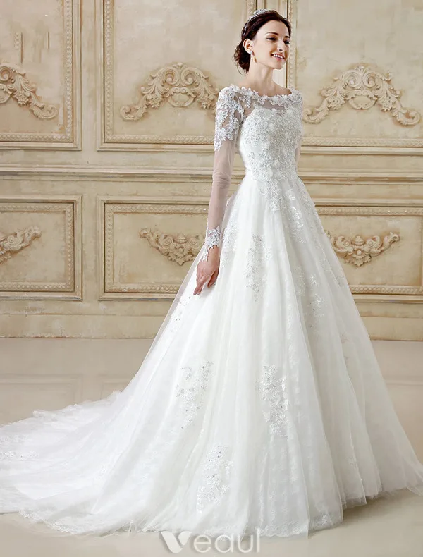 chinese dress ladies A Line Lace Appliques Long Sleeve Wedding Dress – Sassymyprom
