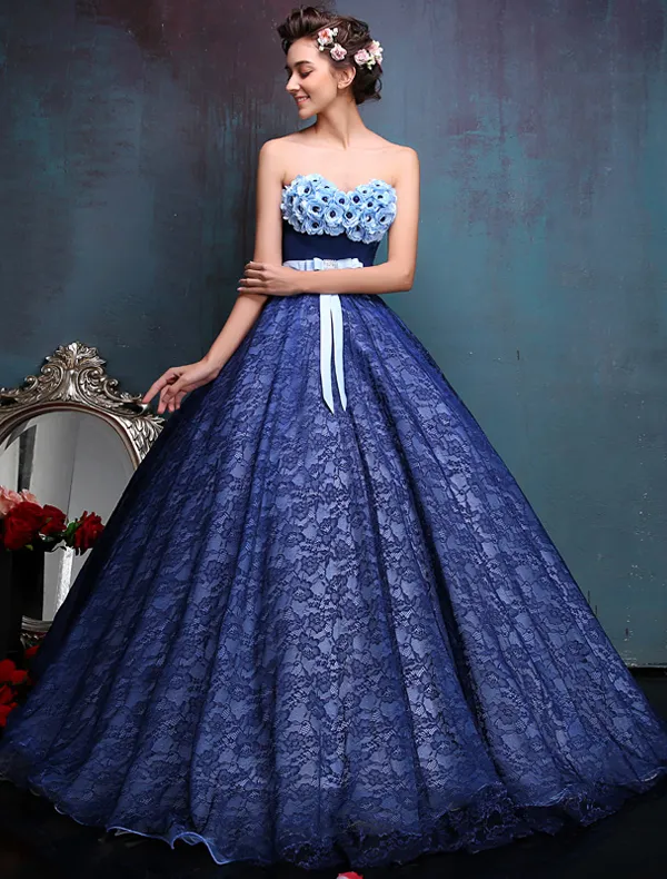 Glamorous Prom Dress 2016 Strapless Petal Sweetheart Backless Lace Royal Blue Ball Gowns With Sash