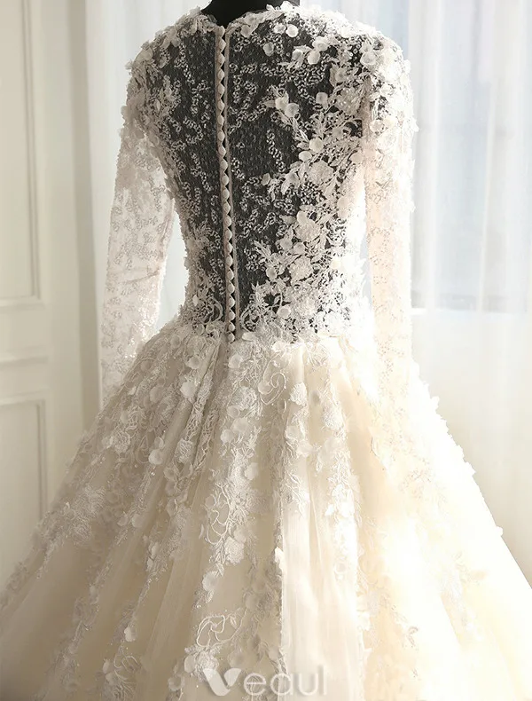 Belles Robe De Mariée 2016 Fleurs En Dentelle Robe De Mariage Dos Nu En Tulle Avec Des Manches Longues