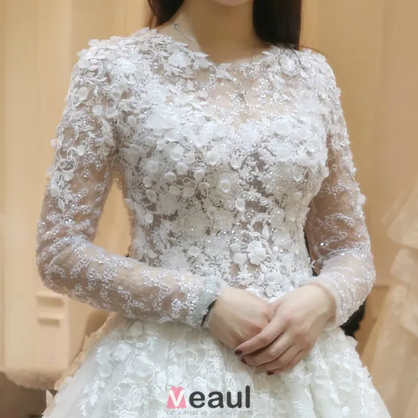 Belles Robe De Mariée 2016 Fleurs En Dentelle Robe De Mariage Dos Nu En Tulle Avec Des Manches Longues