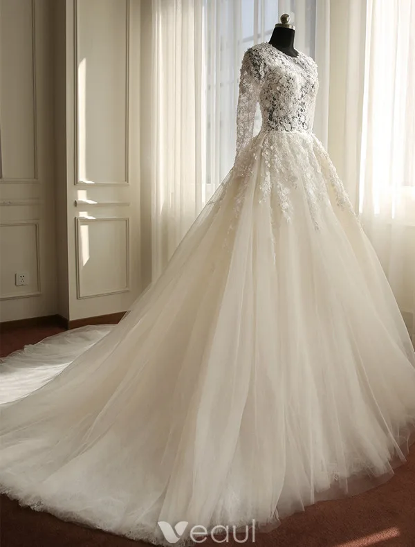 Belles Robe De Mariée 2016 Fleurs En Dentelle Robe De Mariage Dos Nu En Tulle Avec Des Manches Longues
