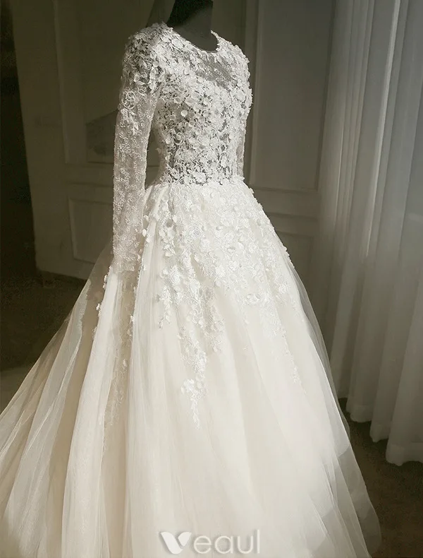 Belles Robe De Mariée 2016 Fleurs En Dentelle Robe De Mariage Dos Nu En Tulle Avec Des Manches Longues