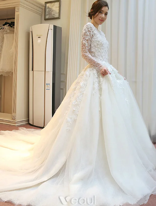 Belles Robe De Mariée 2016 Fleurs En Dentelle Robe De Mariage Dos Nu En Tulle Avec Des Manches Longues