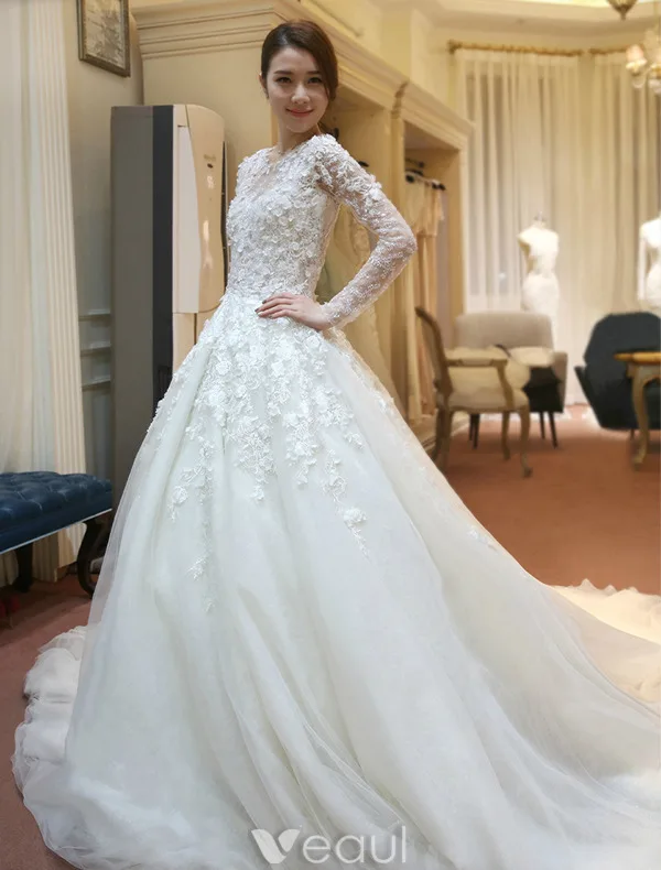 Belles Robe De Mariée 2016 Fleurs En Dentelle Robe De Mariage Dos Nu En Tulle Avec Des Manches Longues