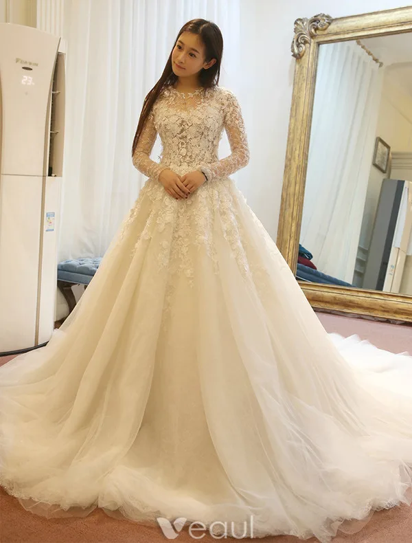 Belles Robe De Mariée 2016 Fleurs En Dentelle Robe De Mariage Dos Nu En Tulle Avec Des Manches Longues