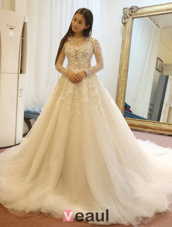 Belles Robe De Mariée 2016 Fleurs En Dentelle Robe De Mariage Dos Nu En Tulle Avec Des Manches Longues