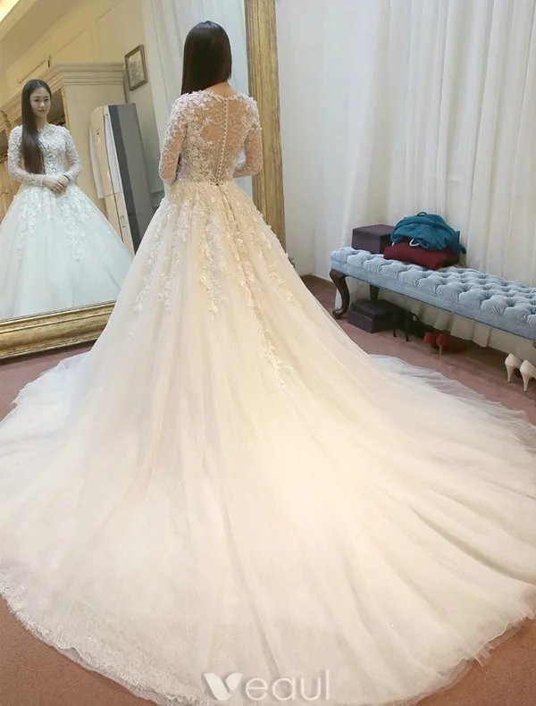 Belles Robe De Mariée 2016 Fleurs En Dentelle Robe De Mariage Dos Nu En Tulle Avec Des Manches Longues