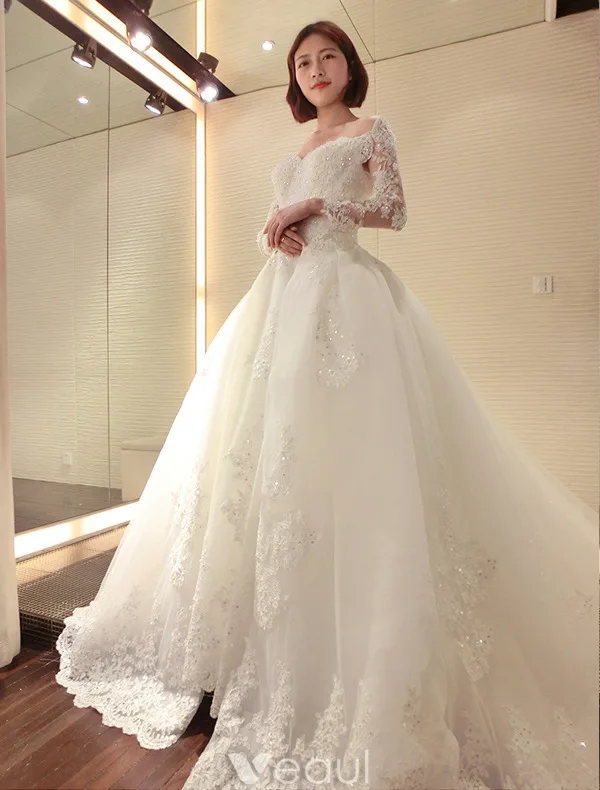 Luxury Bridal Gown 2016 Deep V-neck Lace Sequins Cardioid Backless Wedding Dress With Long Trailing