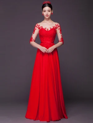 Sexy Robe De Soirée Longue 2016 En Dentelle Paillettes Appliques En Mousseline Rouge Robe De Ceremonie Dos Nu