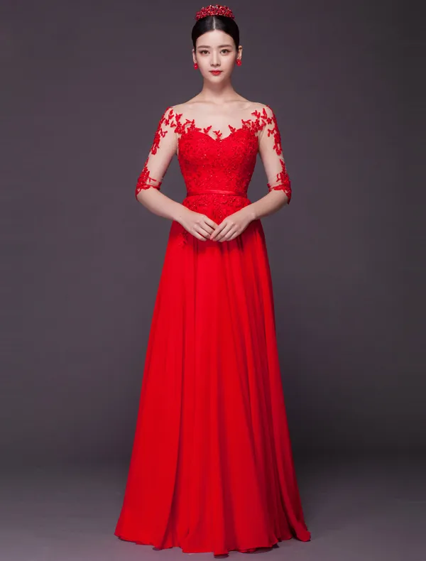 Sexy Evening Dresses 2016 Scoop Neckline Sequins Applique Lace Backless Red Chiffon Long Formal Dress