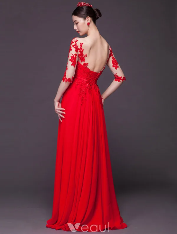 Sexy Evening Dresses 2016 Scoop Neckline Sequins Applique Lace Backless Red Chiffon Long Formal Dress