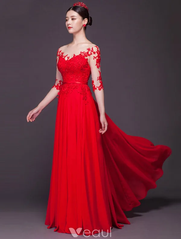 Sexy Evening Dresses 2016 Scoop Neckline Sequins Applique Lace Backless Red Chiffon Long Formal Dress