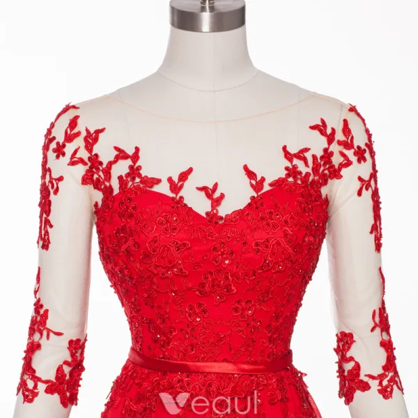 Sexy Evening Dresses 2016 Scoop Neckline Sequins Applique Lace Backless Red Chiffon Long Formal Dress