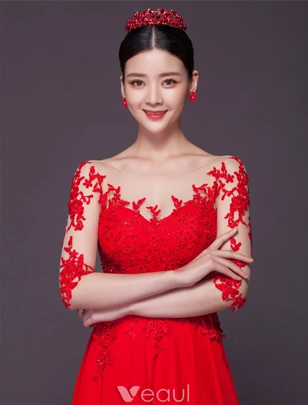 Sexy Evening Dresses 2016 Scoop Neckline Sequins Applique Lace Backless Red Chiffon Long Formal Dress