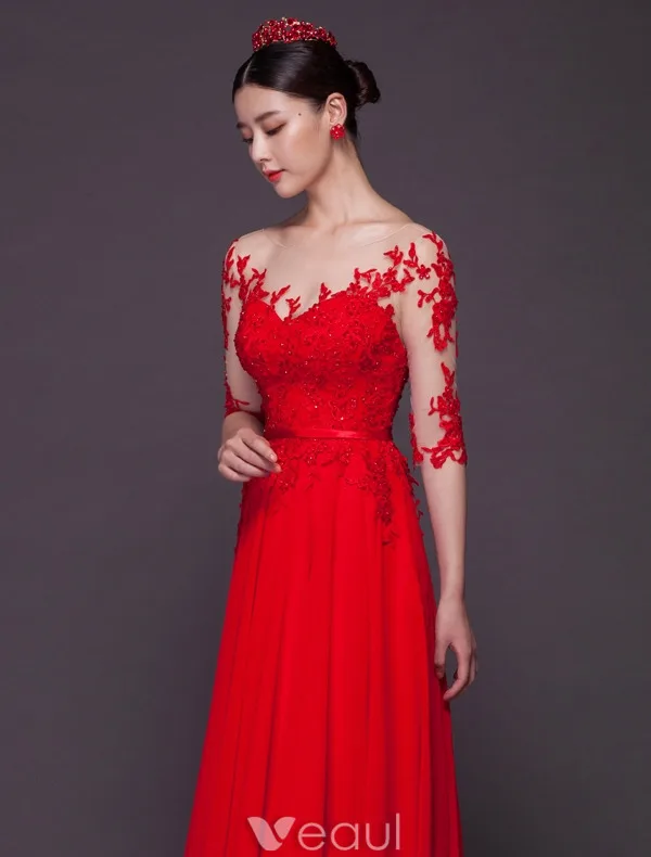 Sexy Evening Dresses 2016 Scoop Neckline Sequins Applique Lace Backless Red Chiffon Long Formal Dress
