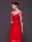 Sexy Evening Dresses 2016 Scoop Neckline Sequins Applique Lace Backless Red Chiffon Long Formal Dress