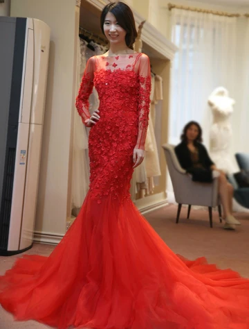 Robe De Soirée Sirène 2016 Fleurs De Tulle Rouge Appliques Longue Robe De Ceremonie Dos Nu Avec Des Manches
