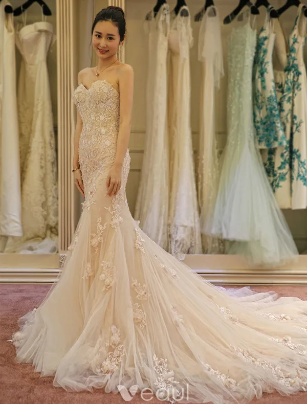 Glamourösen Brautkleider 2016 Abnehmbare Kragen & Ärmeln Nixe Spitze Hochzeitskleid