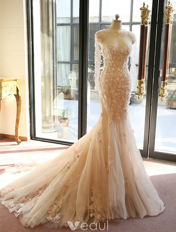 Glamourösen Brautkleider 2016 Abnehmbare Kragen & Ärmeln Nixe Spitze Hochzeitskleid