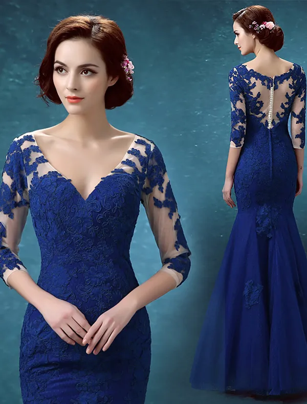 Beautiful Evening Dresses 2016 Applique Lace Royal Blue Tulle Backless Long Formal Gown
