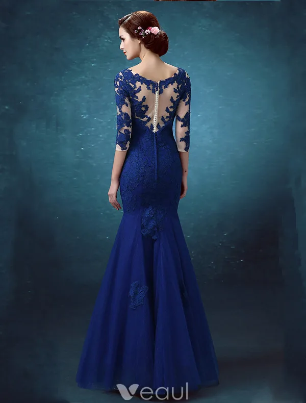 Beautiful Evening Dresses 2016 Applique Lace Royal Blue Tulle Backless Long Formal Gown