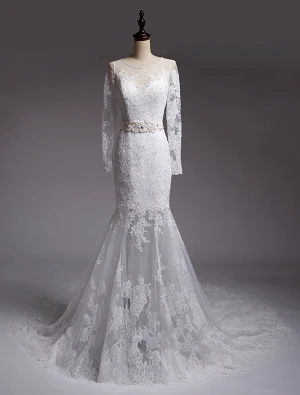 Mermaid Wedding Dresses 2016 Beading Scoop Neckline Applique Lace Sequins Bridal Gown With Sash