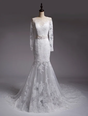 Robes De Sirène De Mariage 2016 Perles Encolure Appliques Paillettes Dentelle Robe De Mariée Avec Ceinture