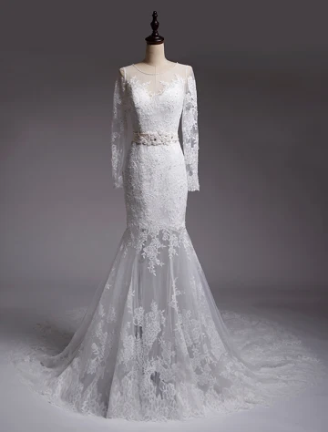 Robes De Sirène De Mariage 2016 Perles Encolure Appliques Paillettes Dentelle Robe De Mariée Avec Ceinture