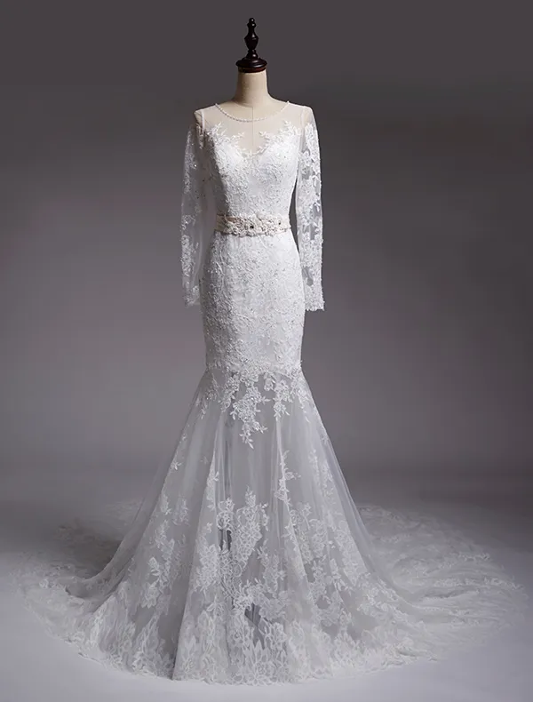 Meerjungfrau Hochzeitskleider 2016 Sicken U-ausschnitt-spitze Pailletten Brautkleid Mit Schärpe
