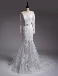 Robes De Sirène De Mariage 2016 Perles Encolure Appliques Paillettes Dentelle Robe De Mariée Avec Ceinture