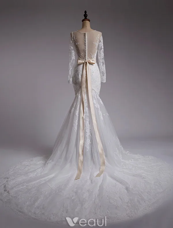 Mermaid Wedding Dresses 2016 Beading Scoop Neckline Applique Lace Sequins Bridal Gown With Sash