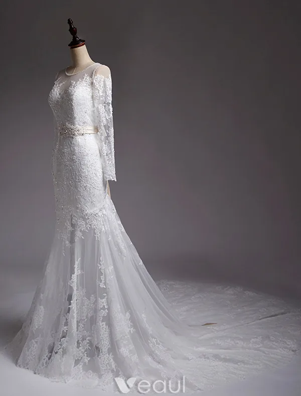 Mermaid Wedding Dresses 2016 Beading Scoop Neckline Applique Lace Sequins Bridal Gown With Sash
