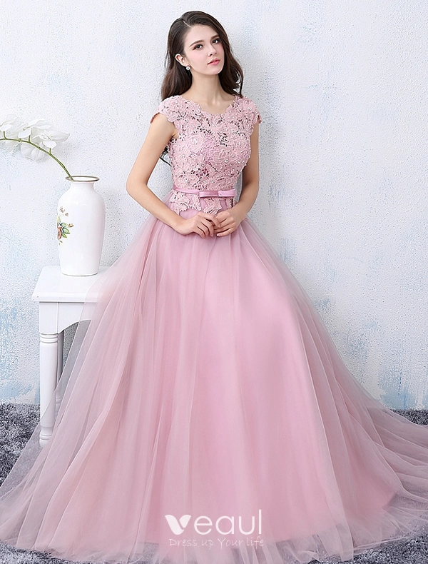 Elegant Party Dresses 2016 Applique Lace Beading Pearls Pink Tulle