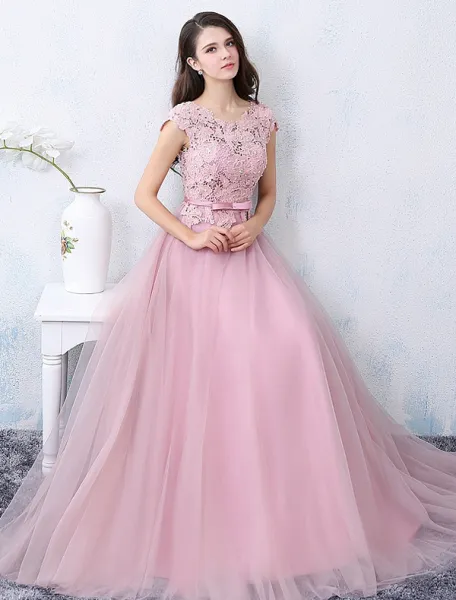 Elegant Party Dresses 2016 Applique Lace Beading Pearls Pink Tulle Long Formal Dress With Sash