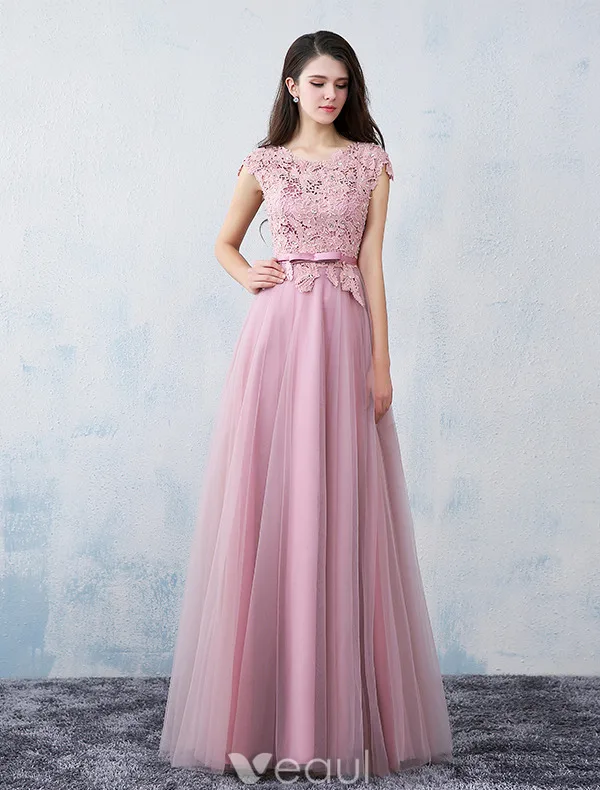 Elegant Party Dresses 2016 Applique Lace Beading Pearls Pink Tulle Long Formal Dress With Sash