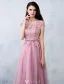 Elegant Party Dresses 2016 Applique Lace Beading Pearls Pink Tulle Long Formal Dress With Sash