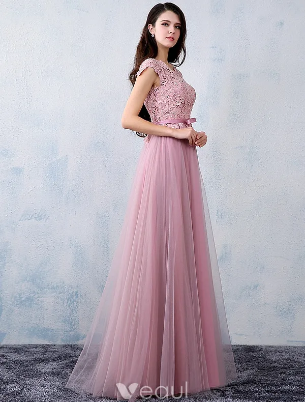 Elegant Party Dresses 2016 Applique Lace Beading Pearls Pink Tulle Long Formal Dress With Sash