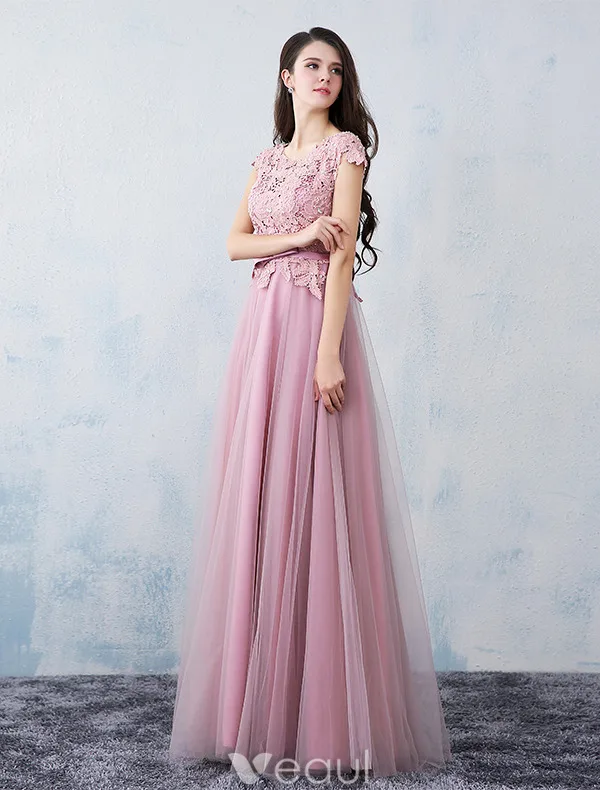 Elegant Party Dresses 2016 Applique Lace Beading Pearls Pink Tulle Long Formal Dress With Sash