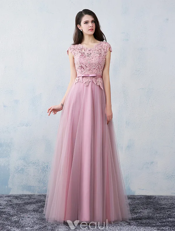 Elegant Party Dresses 2016 Applique Lace Beading Pearls Pink Tulle Long Formal Dress With Sash